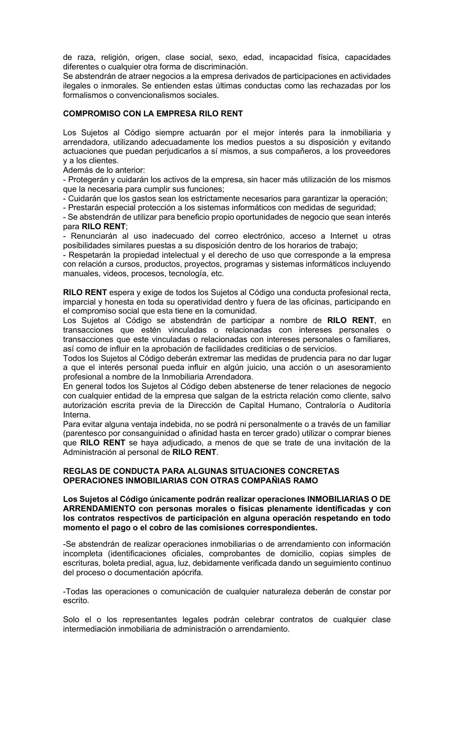 Página 2 del Código de Conducta de Rilo Rent