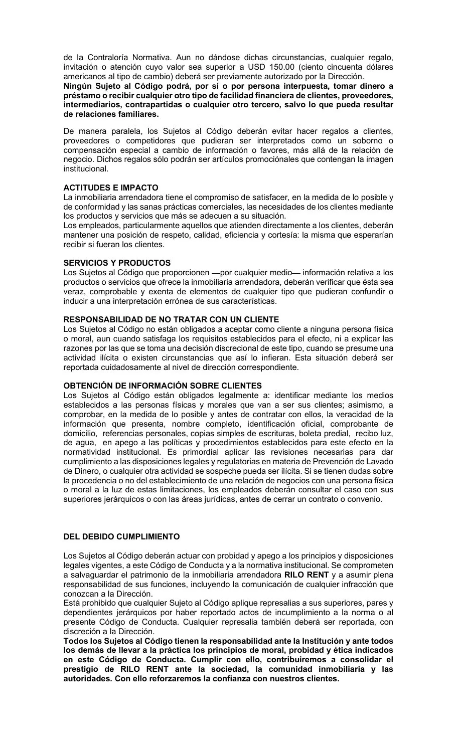 Página 6 del Código de Conducta de Rilo Rent