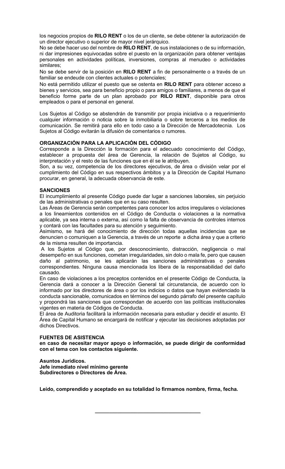 Página 8 del Código de Conducta de Rilo Rent
