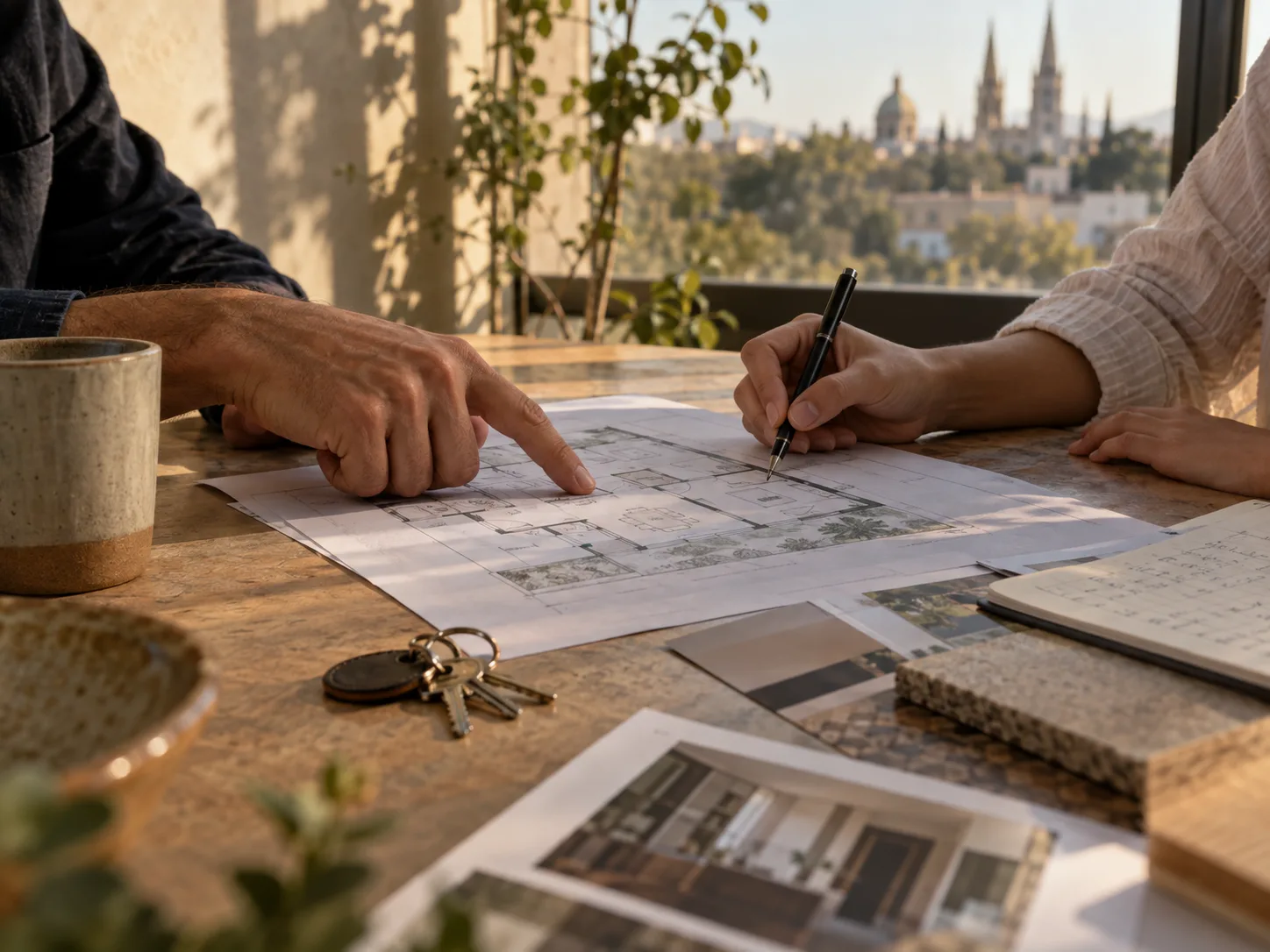 Escena ilustrativa de dos personas revisando el plano de un inmueble