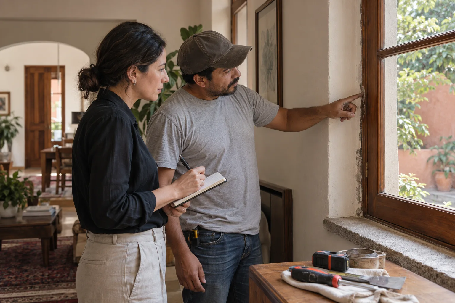 Escena ilustrativa de la inspección de una ventana para priorizar mantenimiento